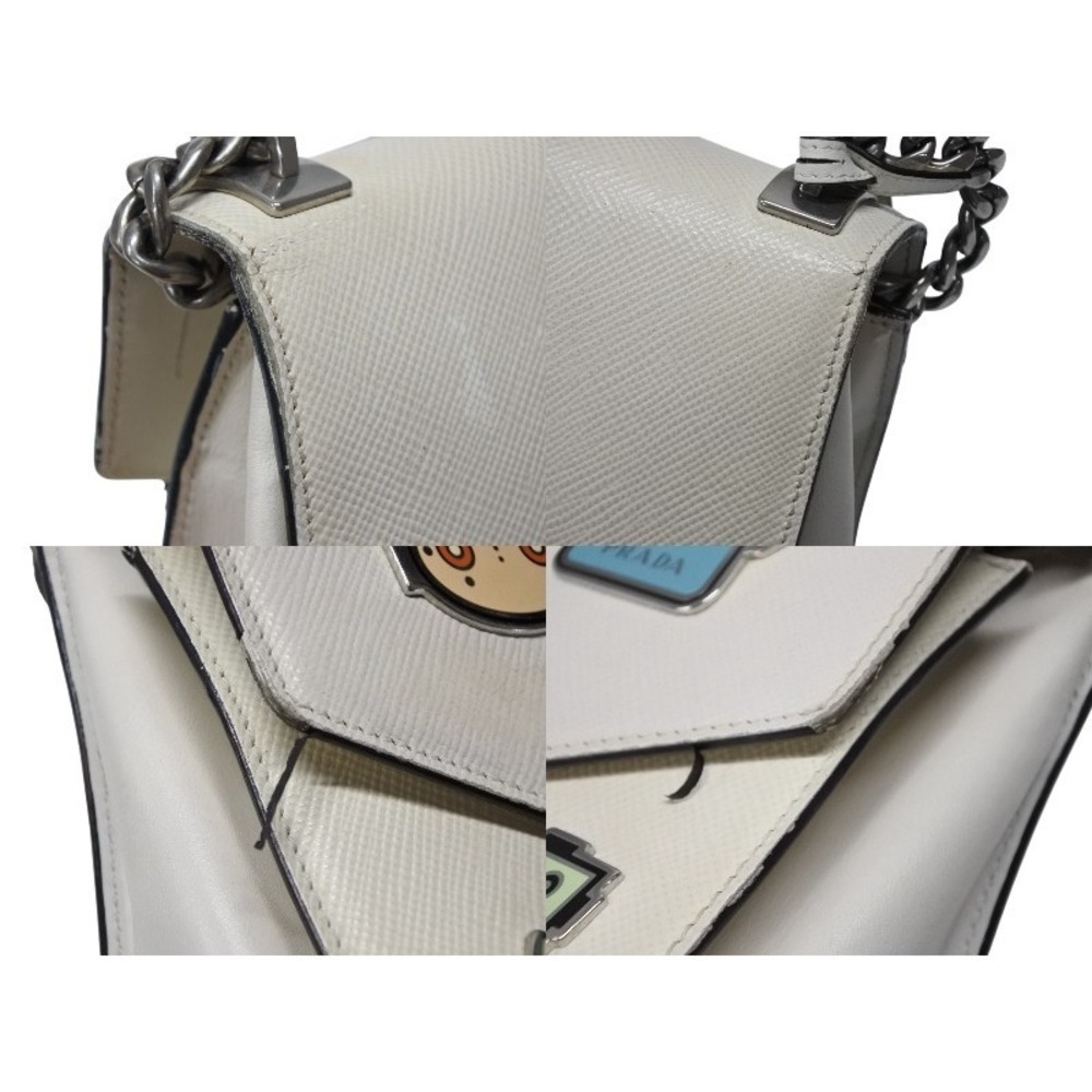 Prada Bag Chain Black Robot Shoulder Monochrome Saffiano White Leather - Picture 6 of 10